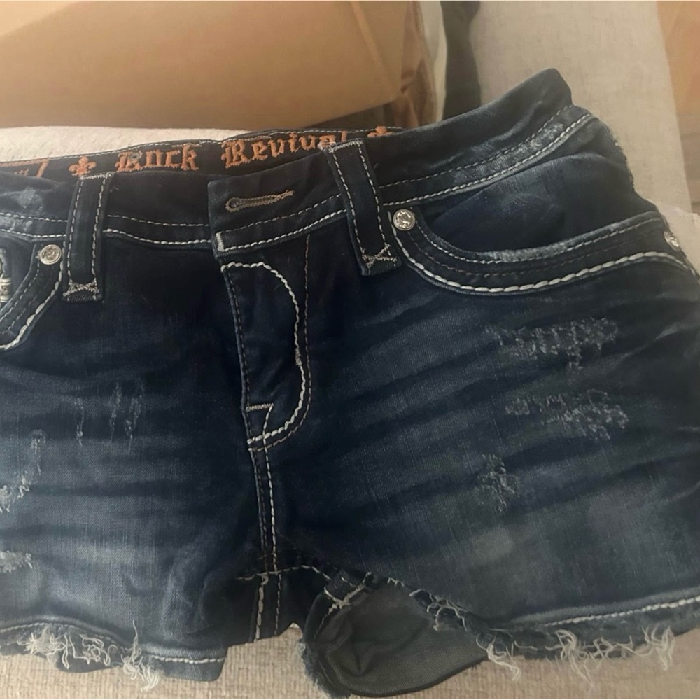 Rock Revival Blue Jean Shorts with Distressed Details